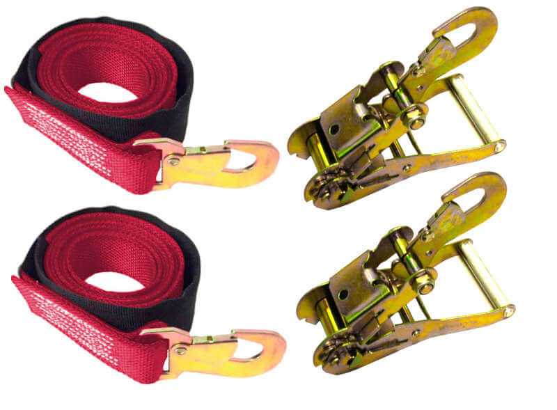 Red Tie-Down strap with snap hook and Protective Sleeve comes with snap hook ratchets.  2-pack kit