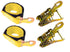 2-pack strap with flat snap hook and finger hook ratchets.  Made with yellow diamond weave webbing 