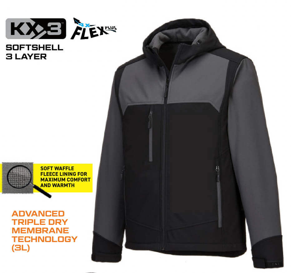 KX362 - KX3 Hooded Softshell (3L) Black/Gray.  Workwear jacket available at baremotion