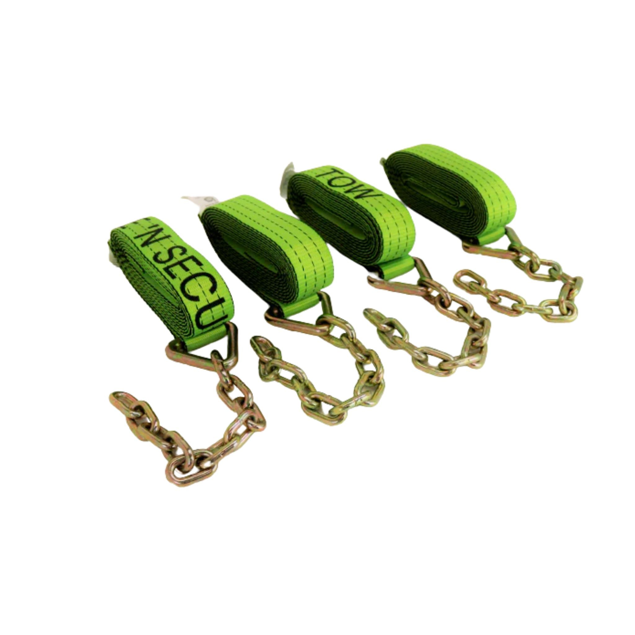 A set of Tecnic Hi-Vis Green Tie-down Straps with chain extension.  Used for car transport and towing.  Available at Baremotion