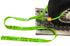 This tie down strap comes with a wire hook and tapered thin loop to easily slide through the wheel.  Hi-Vis Green webbing 