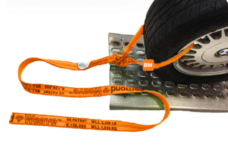 This Safety Orange Diamond Weave loop strap goes through the wheel with no rim hardware contact.    This tie down strap comes with a wire hook and tapered thin loop to easily slide through the wheel. 