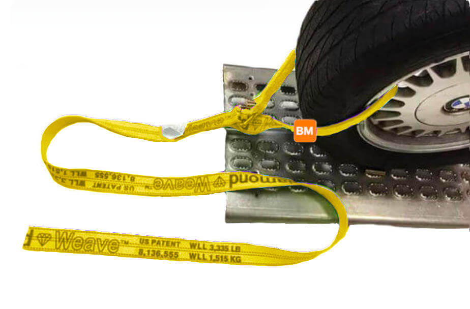 This tie-down strap easily passes through the wheel, with zero hardware contact to the rim. 