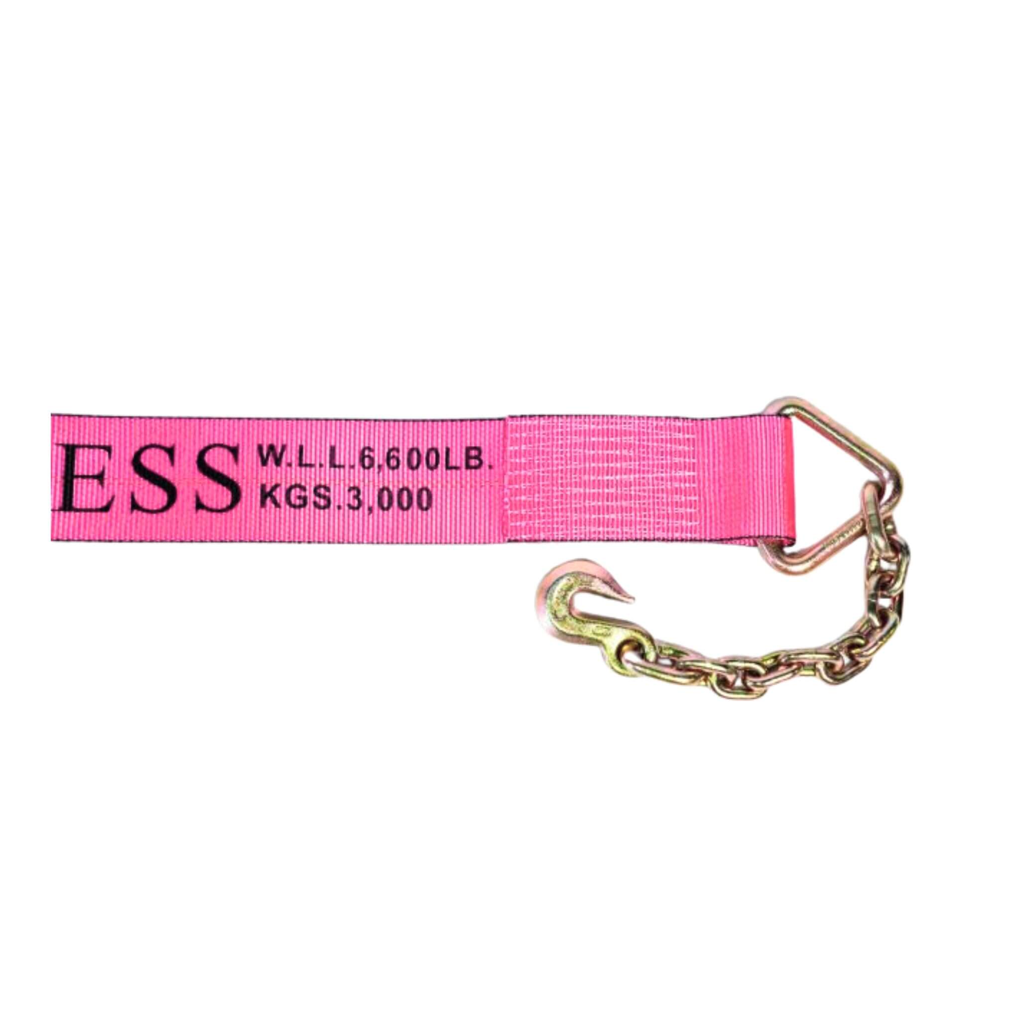 Pink 4" webbing with chain extension for load securementr tie-down applications