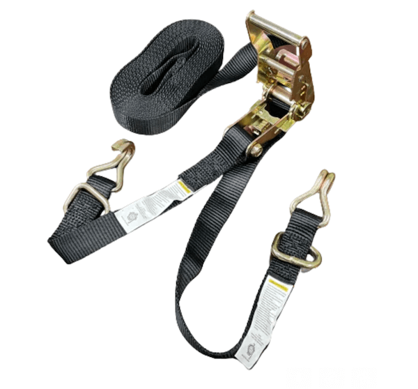 1" x 16' Ratchet Strap tie-downs with Wire Hooks & D-Rings used to secure cargo during transport