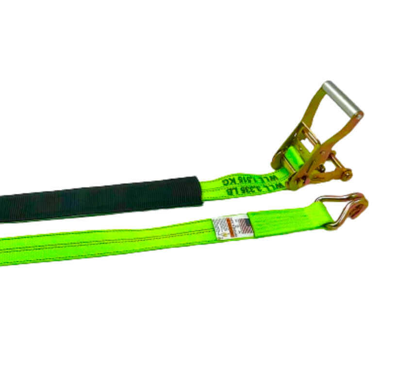 2" Underlift Tie Down w/Double J Hooks Hi-Vis Green Diamond Weave.  Short smooth handle and protective sleeve make this the go to underlift strap.