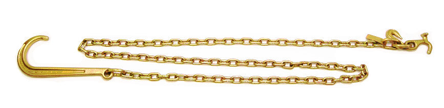 5/16" x 10' Grade 70 tow chain with Long J-Hook one end and TJ and grab hooks at the other.  They are used to tie down and secure a vehicle once it is hoisted on the sling truck or positioned on the carrier deck.