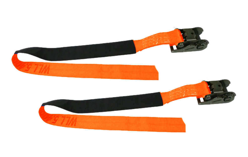 Set of Orange 3" Underlift Tie Down Straps with short handle ratchet and protective sleeve.