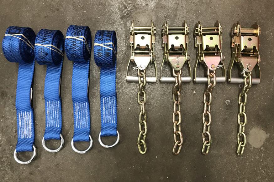 Tie Down Kit Wheel Lift Straps w/ Chain Ratchets Diamond Weave BLUE