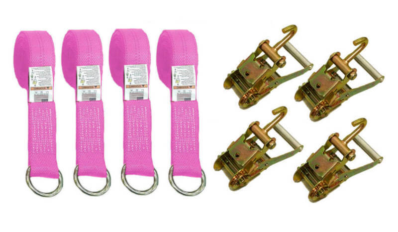Pink 4-Point Tie Down System consisting of Lasso Straps & Ratchets with finger Hooks.  Made with Diamond Weave Webbing.