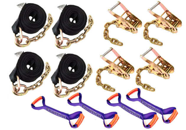 8-Point Tie Down Kit Diamond Weave available at baremotion with black straps and purple short eye eye loop straps
