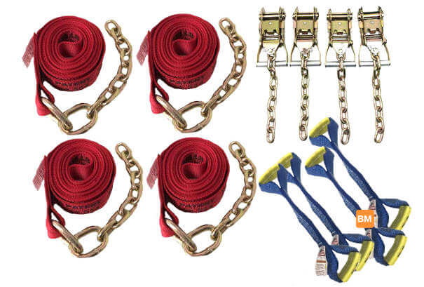 8-Point Tie Down Kit Diamond Weave with Red tie-down straps and blue dogbones