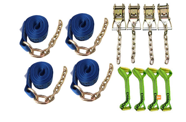 8-Point Tie Down Kit Diamond Weave with Blue Tie-down straps and Hi-Vis green dogbones