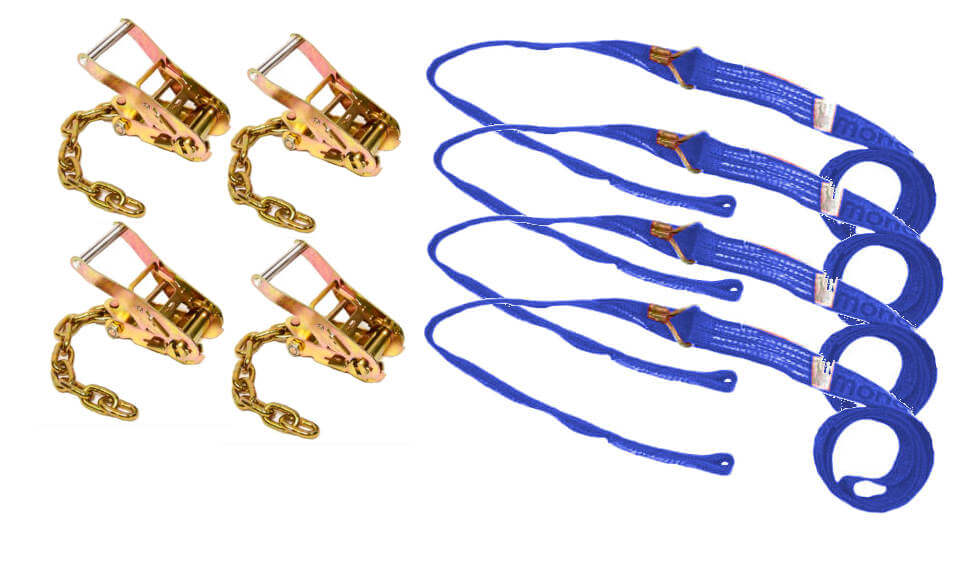 Blue Diamond Weave 4-Point Tie Down Kit Wheel Loop Straps & Chain Ratchets