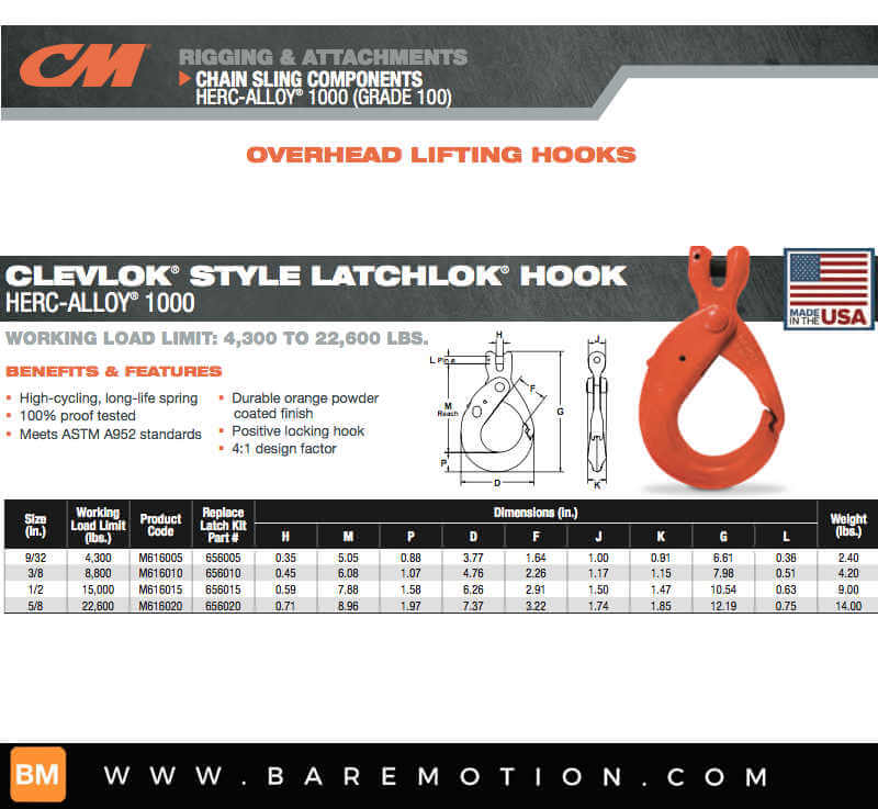 CM Grade 100 Self Locking Hook (USA) specifications