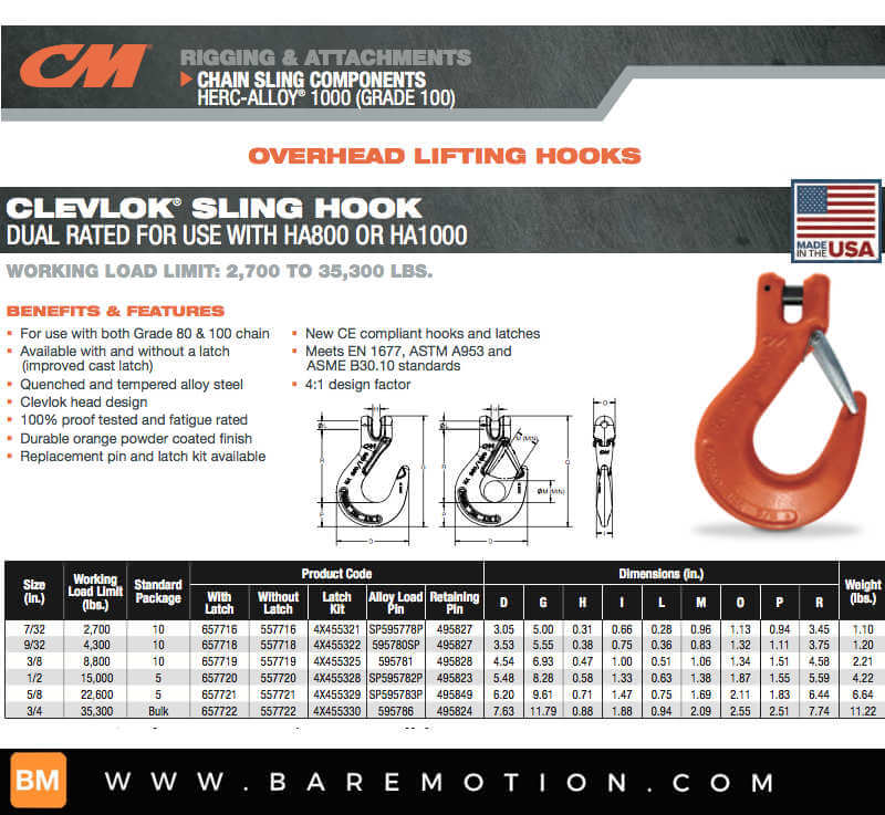class 3 hook weight 110058 cm 657719 Clevlok Sling Hook With Latch, 3/8 in Chain, 8800 lb WLL, Grade 100