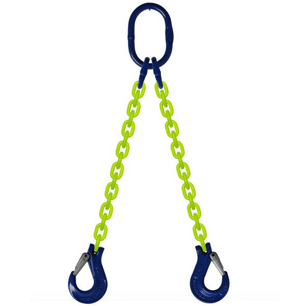DOS Grade 100 2-Leg Alloy Chain Sling with Oblong Master Link and Clevis Sling Hooks each leg. 