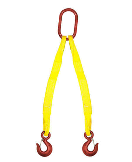 2-Leg Synthetic Slings made with a master link at the top and slings hooks at the bottoms.  