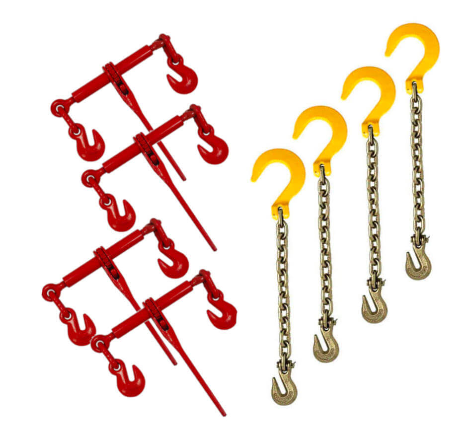 3/8" Grade 70 transport Chains w/Foundry Hook & Ratchet Load Binders Kit 4-Pack.  Ideal tie-downs for heavy hauling.