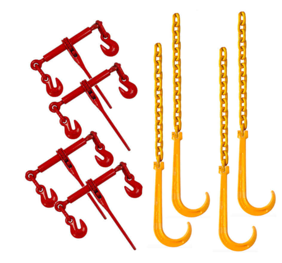3/8" GR80 15" J-Hook Chains & Ratchet LoadBinder Kit 4-Pack
