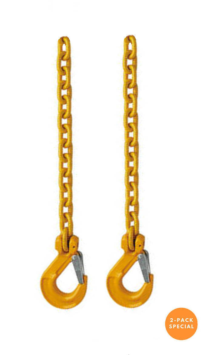 Grade 80 Safety Chain Tie Downs with a Clevis Sling Hook on one end.  Available at Baremotion