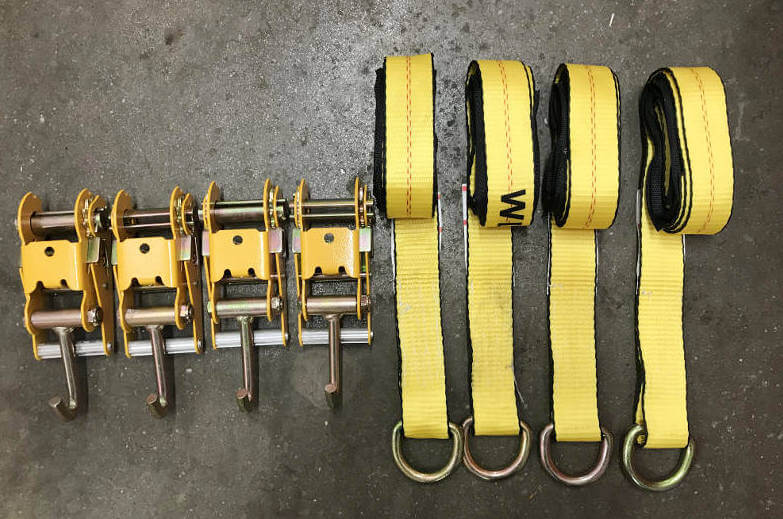 4-Point Tie Down Set 8' D-Ring Straps w/Sleeve & Finger Hook Ratchets