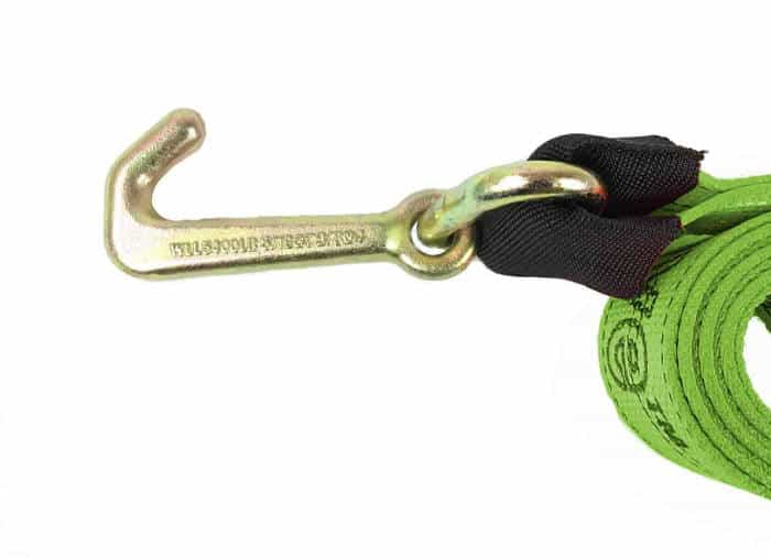 High Visibility Green tie down strap with Mini J Hook  made with  Diamond weave webbing