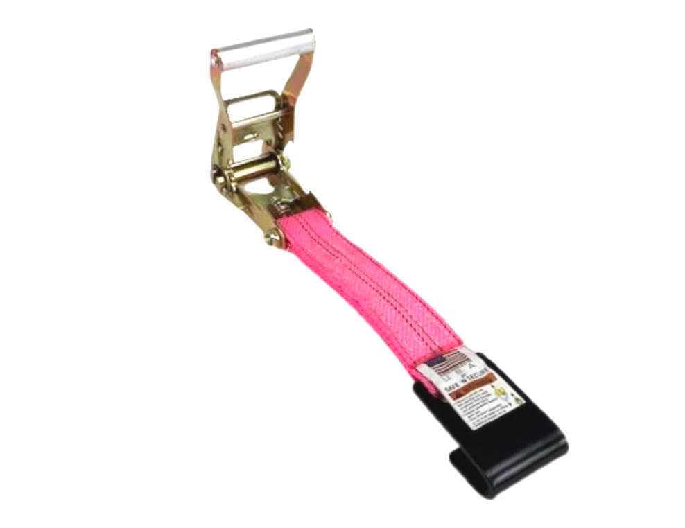 Pink fixed end with ratchet and flat hook.  made with Diamond weave webbing