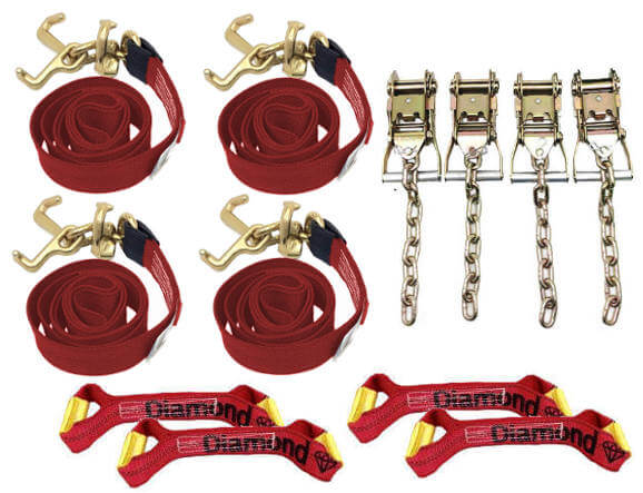 8-Point Tie Down Diamond Weave RED with Cluster RTJ Straps used for vehicle securement during transport