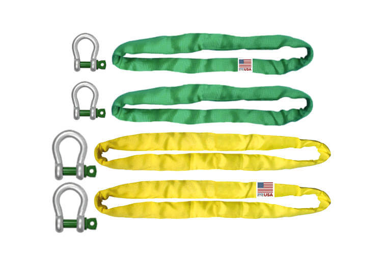Polyester Round Sling Kit with Van Beest Shackles (USA).  Made with Green and yellow round slings.