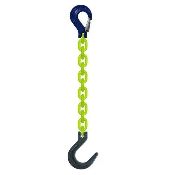 Safety first with these High Visibility Lifting Chains!  Grade 100 Single Leg Chain with  Clevis Sling Hook Latch & Foundry Hook.