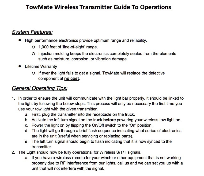 TowMate Wireless Transmitter Guide To Operations