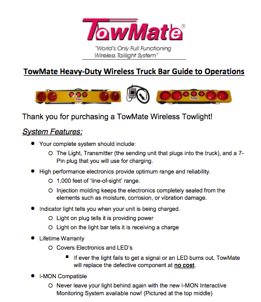 Towmate Heavy Duty Wireless Tow Light - Operations Guide