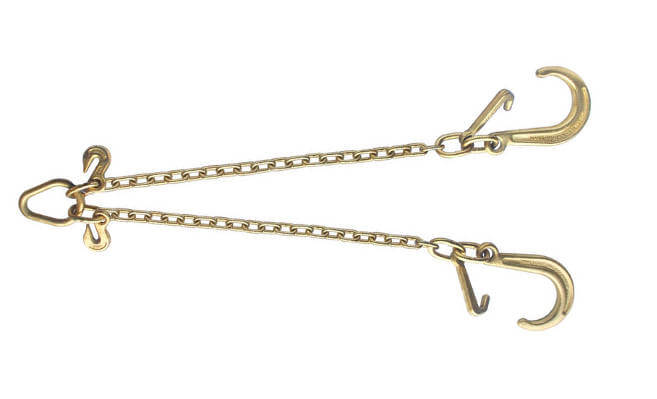 V-Bridle Tow Chain with 8" J-Hooks & Mini J Hook.  Low profile chain assembly made with grade 70 chain and hooks.