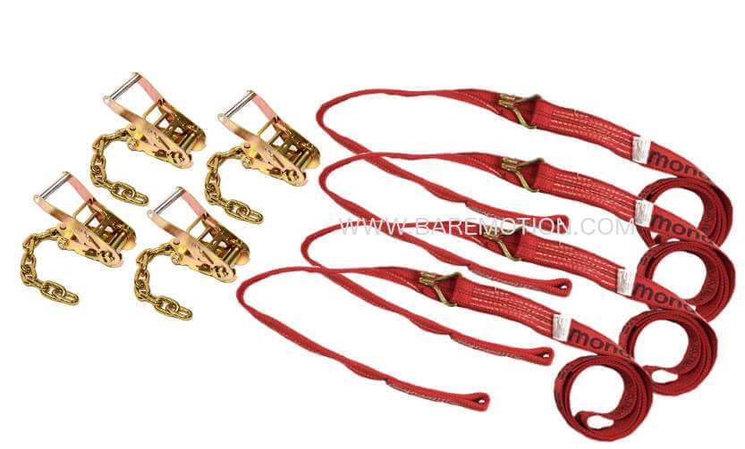 Four Point Tie Down Kit Wheel Loop Straps & Chain Ratchets RED