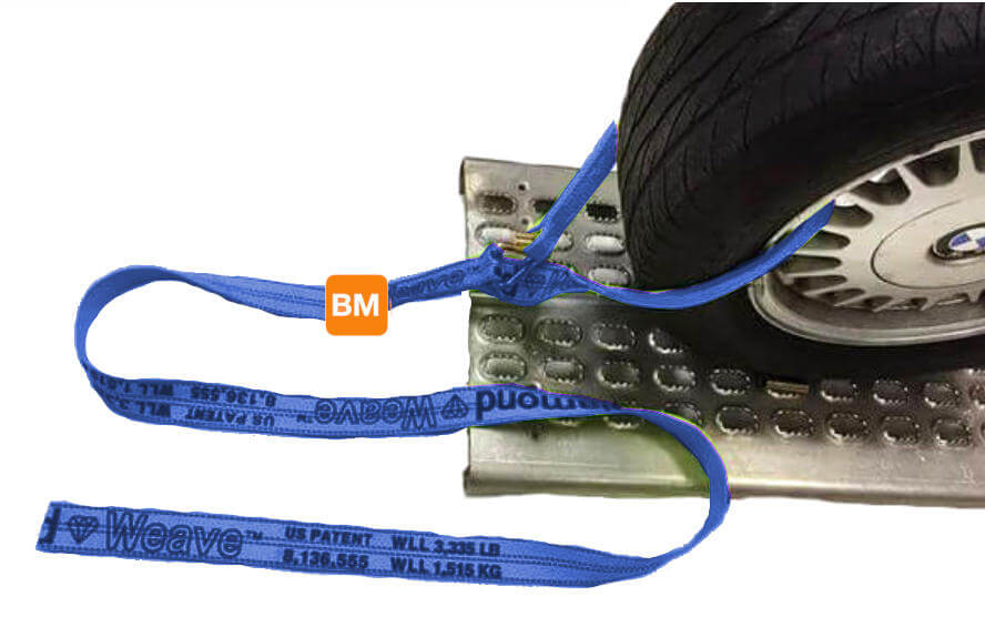 Blue Wheel lift tie down towing strap available at baremotion