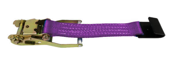 Ratchet end fitting with purple weaving and a flat hook