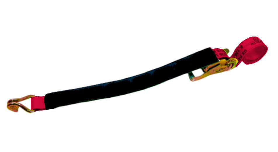Ideal for towing, this strap assembly comes with a ratchet and a wire hook tie-down strap