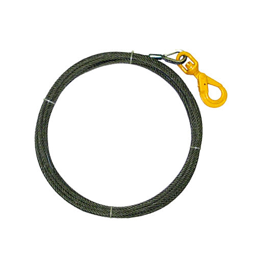 3/8" x 50 ft Steel Core Winch Cable with Self Locking Swivel Hook.  Made with IWRC Steel and a 6 x 19 braided construction.
