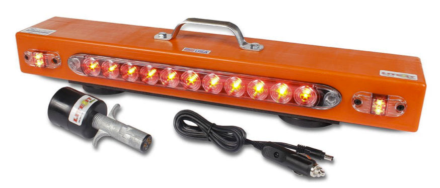 The NEW 23” Wireless Tow Light Bar, from Custer Products, has a nearly indestructible polyethylene case and a steel handle for ease of use during tows.  It also has separate turn signal lights which are required in several states. 
